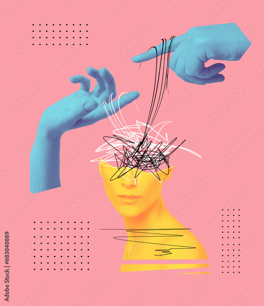 Abstract human brain and human hands, drawn style. Creative idea symbol, art design or collage isolated on pink background. Mental Health concept - obrazy, fototapety, plakaty 