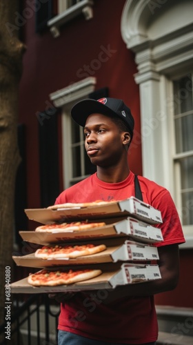 pizza delivery person carrying a stack of pizza boxes