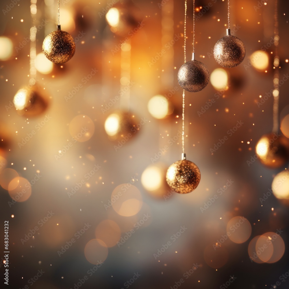 A minimalist yet festive background with gold ornaments and a blurred bokeh effect A minimalist yet festive background with gold ornaments and a blurred bokeh effect