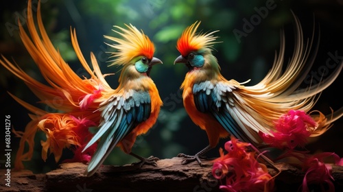 A pair of tropical birds engaged in a playful dance © olegganko