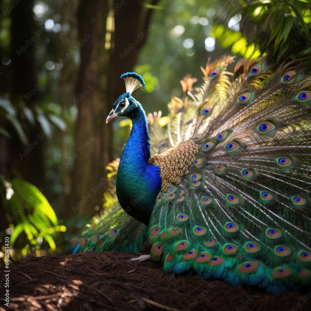 Obraz premium A regal peacock strutting through the forest, its iridescent feathers shimmering in the sunlight