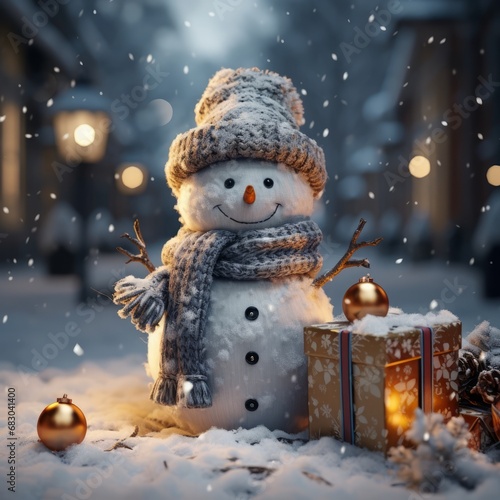 Snowman in the snow with gifts and Christmas mood, generativ ai photo