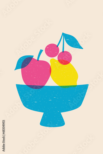 Poster with fruit in a bowl in risograph style. Vector graphics.