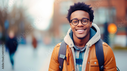 Portrait of an African American student smiling against the background of the university photo