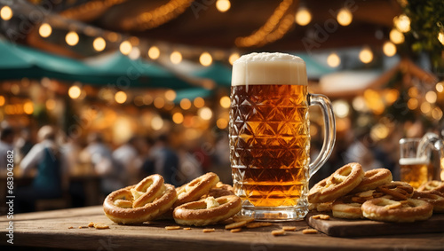 An illustration showcasing the festive atmosphere of Oktoberfest with beer steins  pretzels  and Bavarian decorations against a blurred beer garden setting.