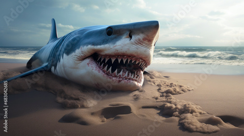 Huge shark on the seashore with injury