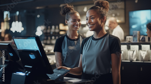 A team of smiling, young, and attractive African American saleswomen and cashiers is serving customers photo