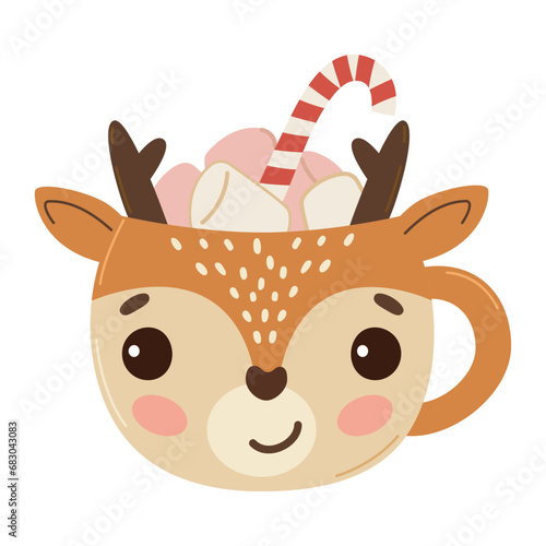 Fototapeta Naklejka Na Ścianę i Meble -  Vector christmas picture cup with deer and sweets holiday card