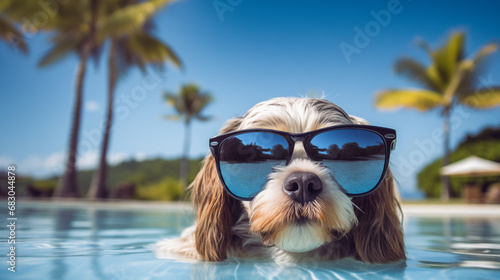 Cachorros fofos curtindo o período de férias junto com seus donos em viagem. Cachorros em posição de relaxamento e sossego, com acessórios de praia. photo