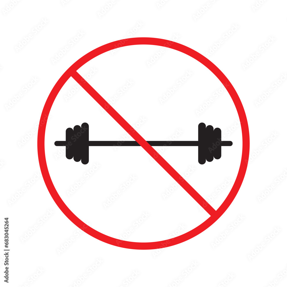 Forbidden barbell vector icon. Warning, caution, attention, restriction, label, ban, danger. No barbell flat sign design pictogram symbol. No barbell icon UX UI icon Forbidden barbell vector icon. Warning, caution, attention, restriction, label, ban, danger. No barbell flat sign design pictogram symbol. No barbell icon UX UI icon