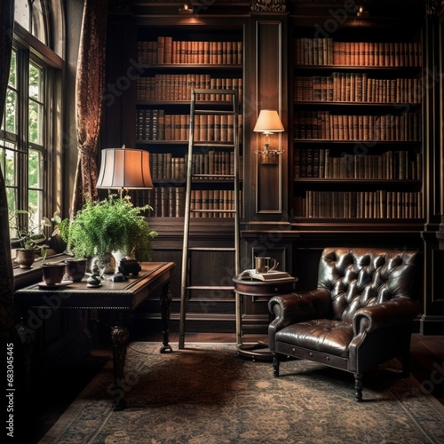 A traditional study with dark wood paneling, a leather armchair, and antique books