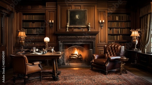 A traditional study with rich wood paneling  a fireplace  and a desk with antique accessories.