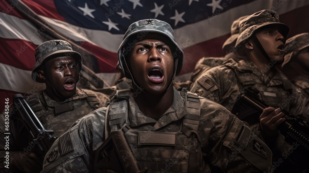African american soldiers shouting and screaming in military uniform with american flag. USA. Independence Day. July 4 Concept. Patriotism Concept. Military Concept.