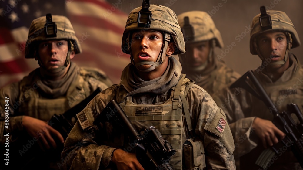 Soldiers in full gear looking at camera on american national flag background. USA. Independence Day. July 4 Concept. Patriotism Concept. Military Concept.
