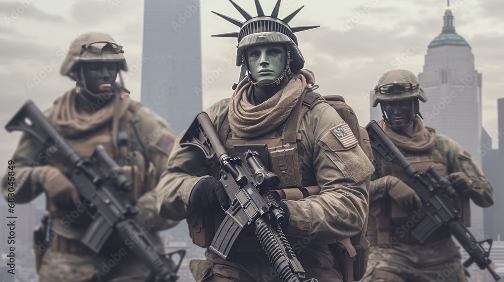Statue of liberty in military equipment and with weapons. US Army Special Forces soldiers. USA. Independence Day. July 4 Concept. Patriotism Concept. Military Concept.