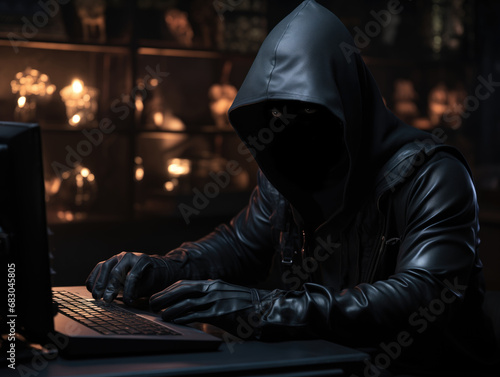 Criminoso hacker atuando para aplicar crime cibernético na internet, perigo, golpe virtual nas compras online.