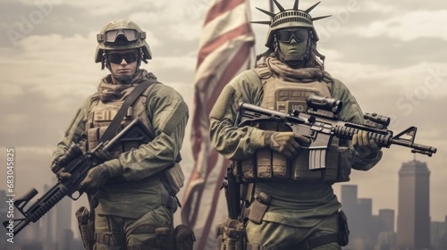 Statue of liberty in military equipment and with weapons. US Army Special Forces soldiers. USA. Independence Day. July 4 Concept. Patriotism Concept. Military Concept.