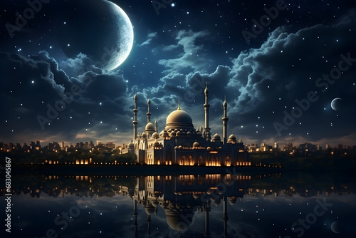 The front view of the crescent shaped moon and mosque in front of a cloudy and starry night sky during Ramadan, the holy month of Muslims,