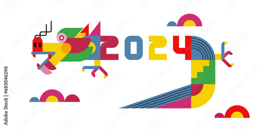 2024 Chinese New Year, year of the Dragon. Chinese zodiac dragon in geometric flat modern style. Vector illustration.