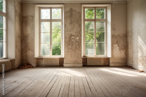 Empty room with windows and wooden floor photo