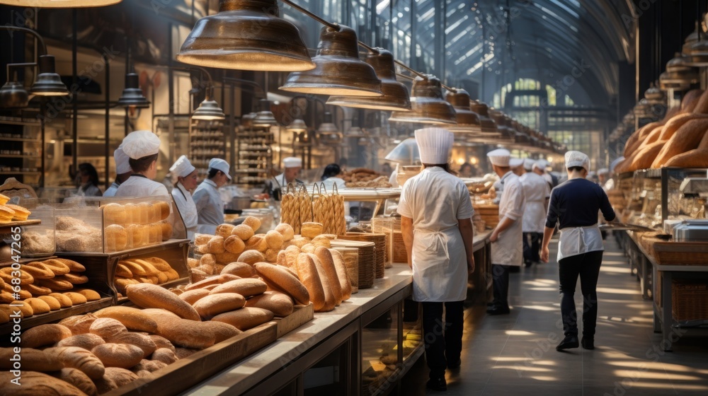 bustling bakery, with bakers in white aprons and hats moving around racks of bread and pastries