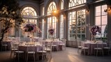 wedding reception set up in a grand ballroom with elegant decor.