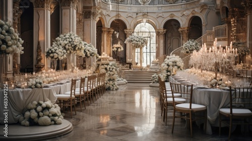wedding reception set up in a grand ballroom with elegant decor.