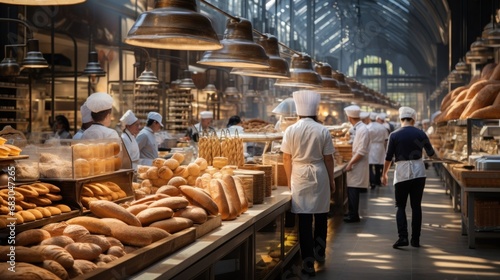 bustling bakery, with bakers in white aprons and hats moving around racks of bread and pastries