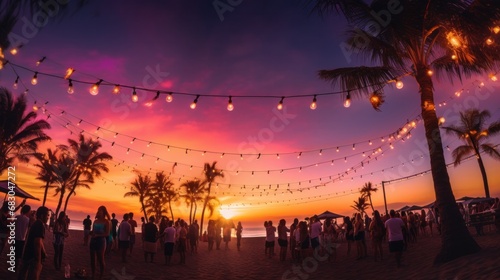 a beach party with palm trees and light bulb garlands framing the scene © olegganko