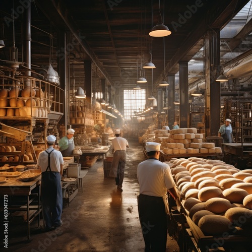 bustling bakery, with bakers in white aprons and hats moving around racks of bread and pastries