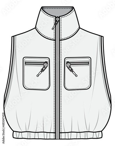 High Neck Zip Down Sleeveless Crop Vest Jacket Fashion Illustration, Vector, CAD, Technical Drawing, Flat Drawing, Template, Mockup