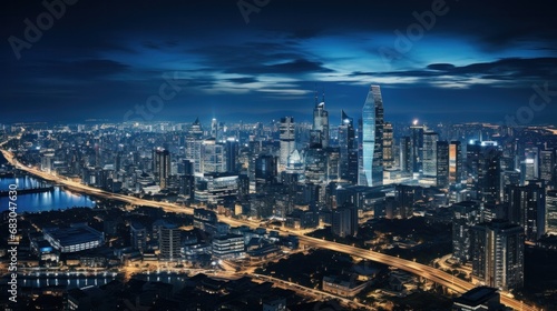 a city skyline at night  featuring sleek and modern buildings with clean lines and bold architecture