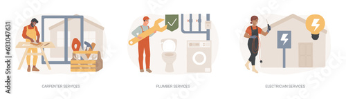 Home renovation isolated concept vector illustration set. Carpenter, plumber and electrician services, building maintenance, sewer and drain repair, home automation, woodwork vector concept.