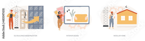 Architecture and building isolated concept vector illustration set. Old buildings modernization, interior design, modular home, design studio, house decoration, green construction vector concept.
