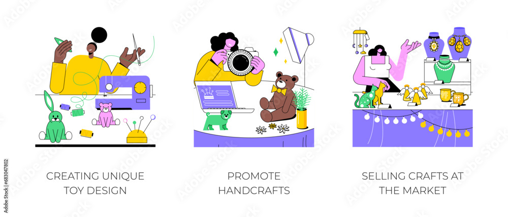 Selling handmade crafts isolated cartoon vector illustrations set. Creating unique toy design, promote handcrafts, taking picture for posting online, selling handcrafts at the market vector cartoon.