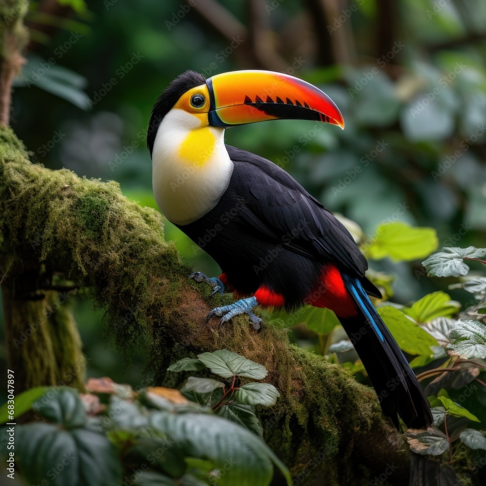 Obraz premium An exotic toucan perched on a tree branch, its vibrant orange and yellow beak contrasting against