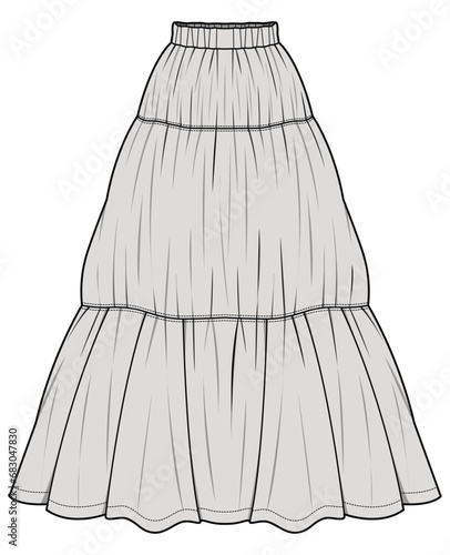 Tiered Gathered Maxi Long Skirt, Bohemian Skirt Fashion Illustration, Vector, CAD, Technical Drawing, Flat Drawing, Template, Mockup