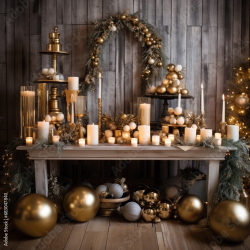 A warm and inviting Christmas setup with golden ornaments, greenery, and a ru...