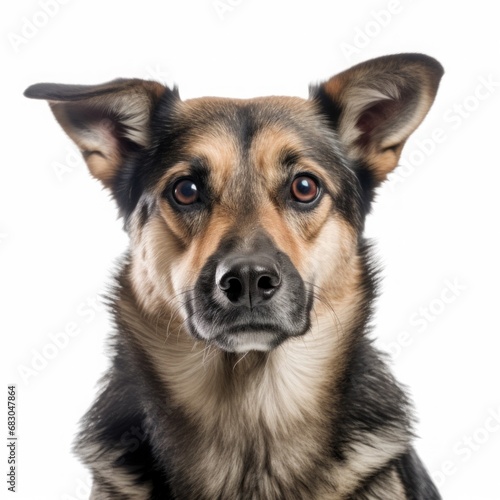 Closeup portrait of a mongrel dog isolated on white background.