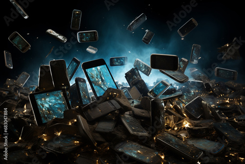 Pile of old mobile phones on the ground in a garbage dump, Generative Ai