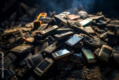 Pile of old mobile phones on the ground in a garbage dump, Generative Ai photo