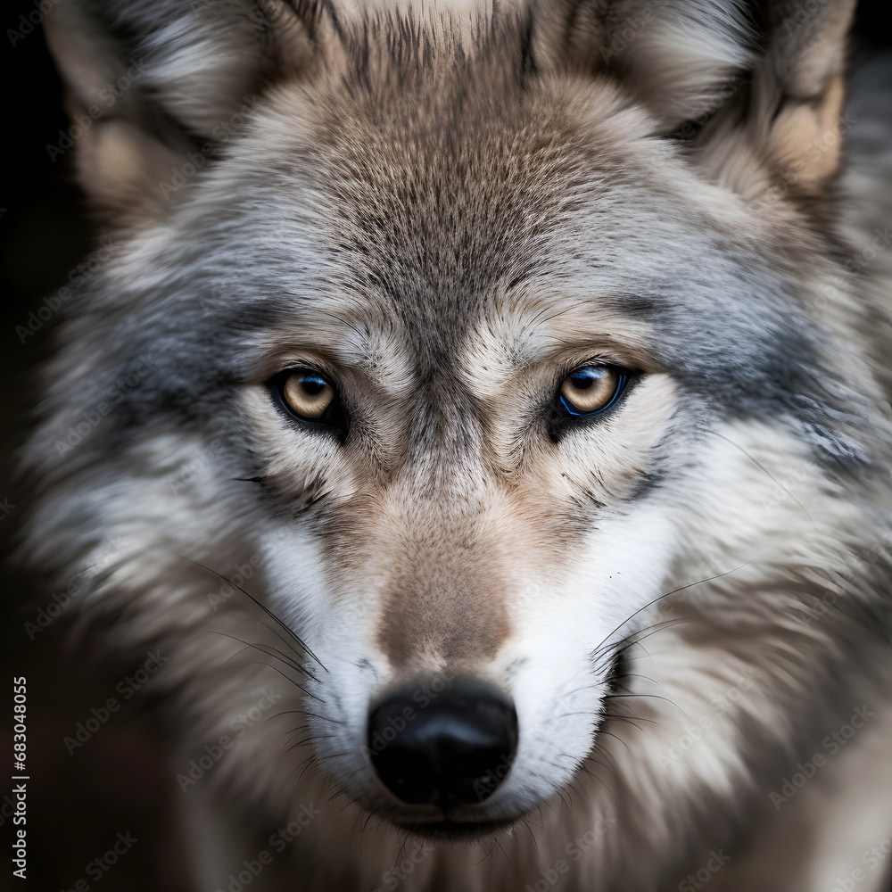 Portrait of a gray wolf in close-up (Canis Lupus), a forest wolf looking into the camera. Portrait of a gray wolf in close-up (Canis Lupus), a forest wolf looking into the camera.