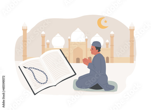Islam isolated concept vector illustration. Abrahamic monotheistic religion, prophet muhammad, muslim people prays, mosque, ramadan mubarak, ramazan, holy book quran, god allah vector concept.