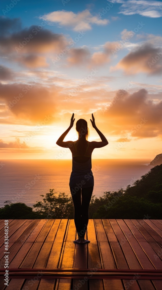 A young woman practicing yoga on a wooden deck overlooking the ocean