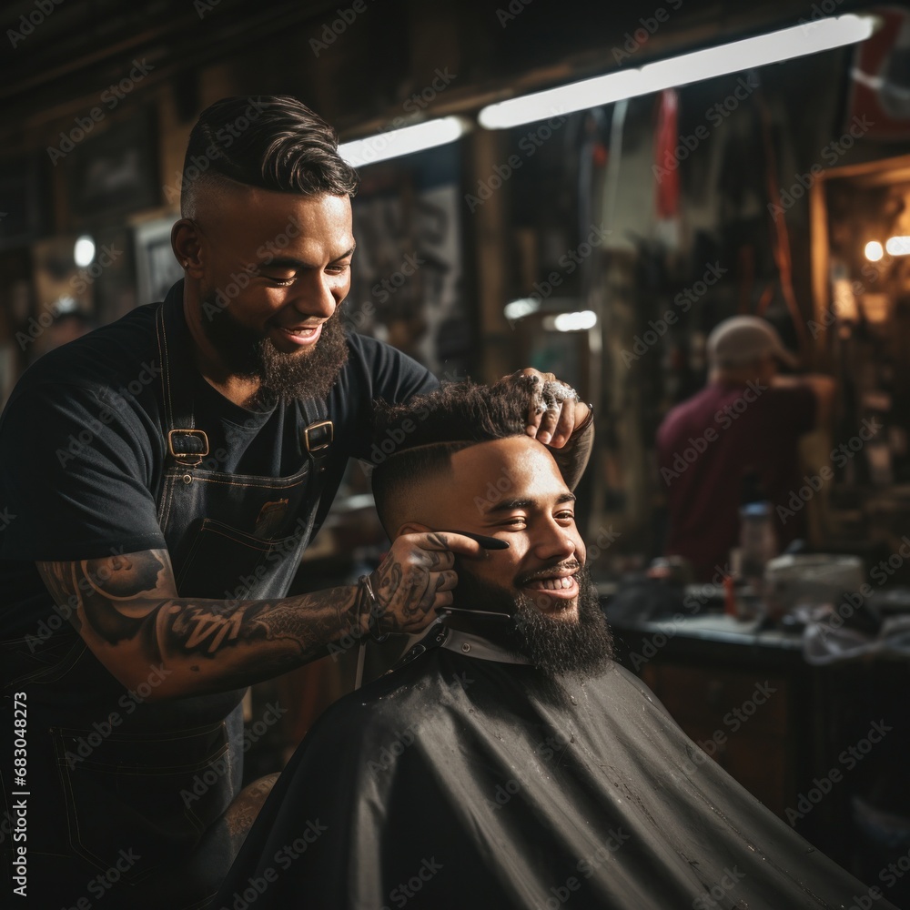 barber trimming a client's hair with electric clippers, capturing the movement - obrazy, fototapety, plakaty 