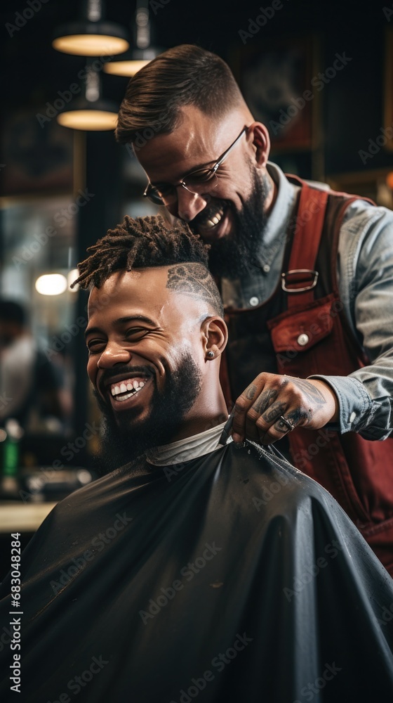 barber trimming a client's hair with electric clippers, capturing the movement