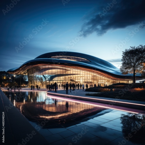 a futuristic building with a curved façade and sleek glass exterior