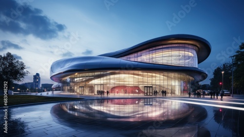 a futuristic building with a curved façade and sleek glass exterior