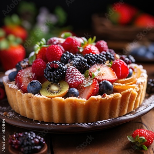 still life of a rustic fruit tart, with a crumbly almond crust and a colorful arrangement of berries