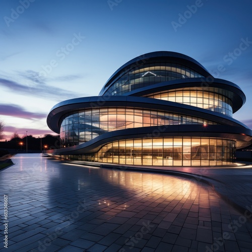a futuristic building with a curved façade and sleek glass exterior